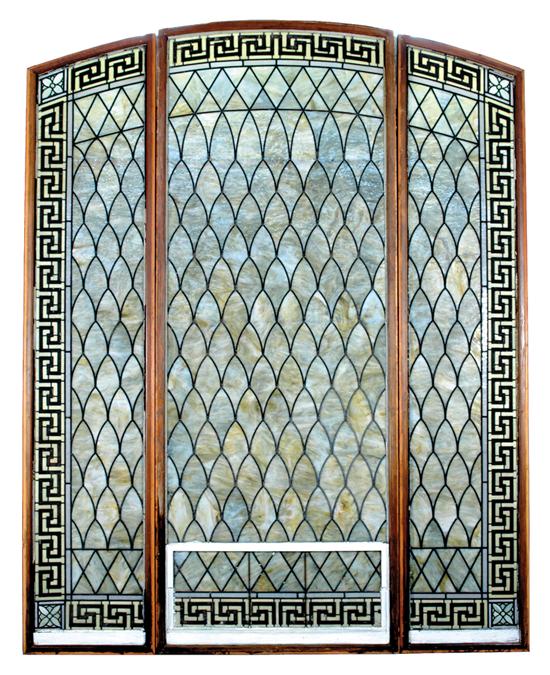 Appraisal: Stained glass three-panel window arched top with Greek key border