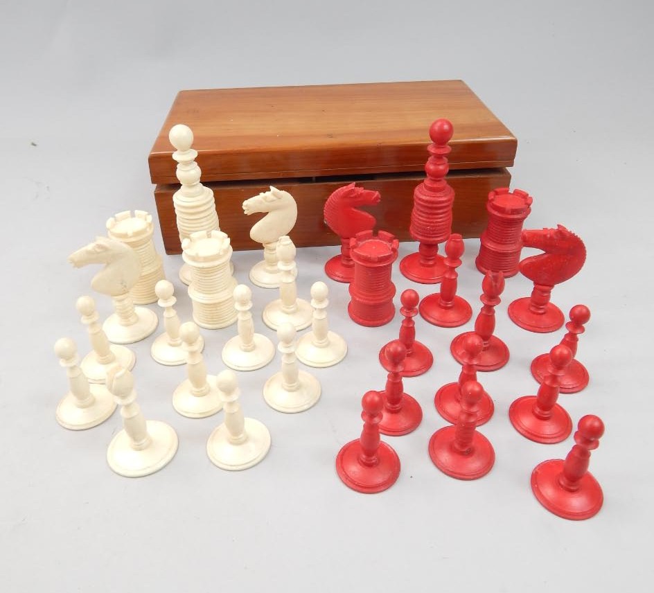 Appraisal: A late thC early thC part stained ivory part chess