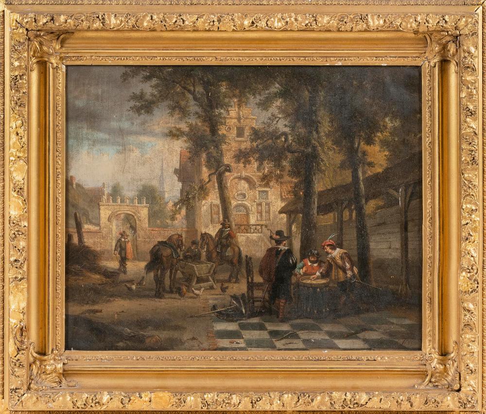 Appraisal: FLORENT CRABEELS BELGIUM - TOWN SCENE WITH FIGURES AND HORSES