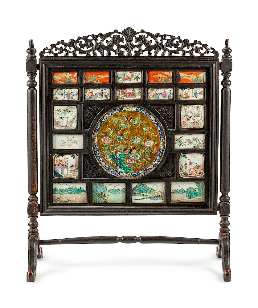 Appraisal: A Chinese Porcelain Mounted Hardwood Floor Screen A Chinese Porcelain