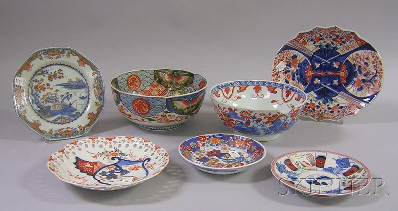 Appraisal: Seven Pieces of Imari Porcelain China a large bowl with