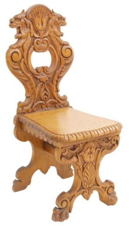 Appraisal: American Renaissance Revival carved oak hall chair early th c