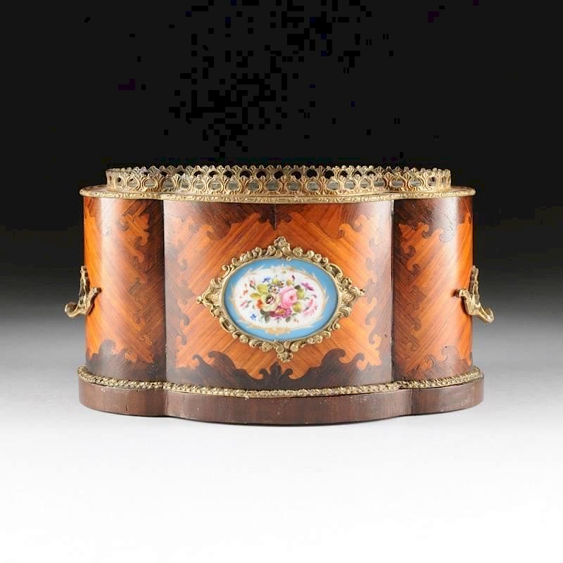 Appraisal: A LOUIS XV STYLE ROSEWOOD KINGWOOD GILT BRONZE AND PORCELAIN