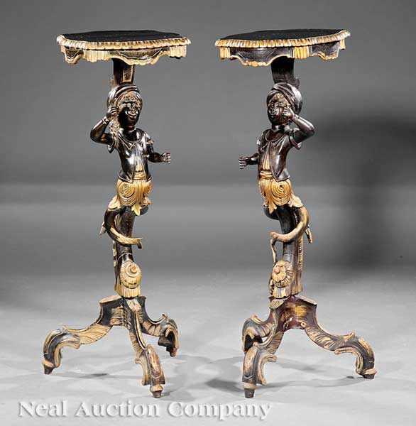 Appraisal: A Pair of Baroque-Style Carved Ebonized and Giltwood Blackamoor Pedestals