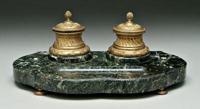 Appraisal: Bronze and marble desk set two bronze dor ink stands