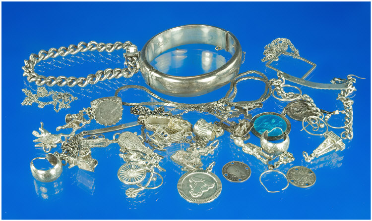 Appraisal: Collection Of Silver Items Comprising Three Bracelets Charms Chains etc