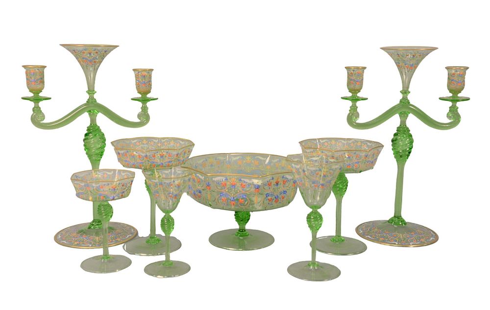 Appraisal: Extensive Sixty-seven Piece Venetian Glass stem and dessert set green