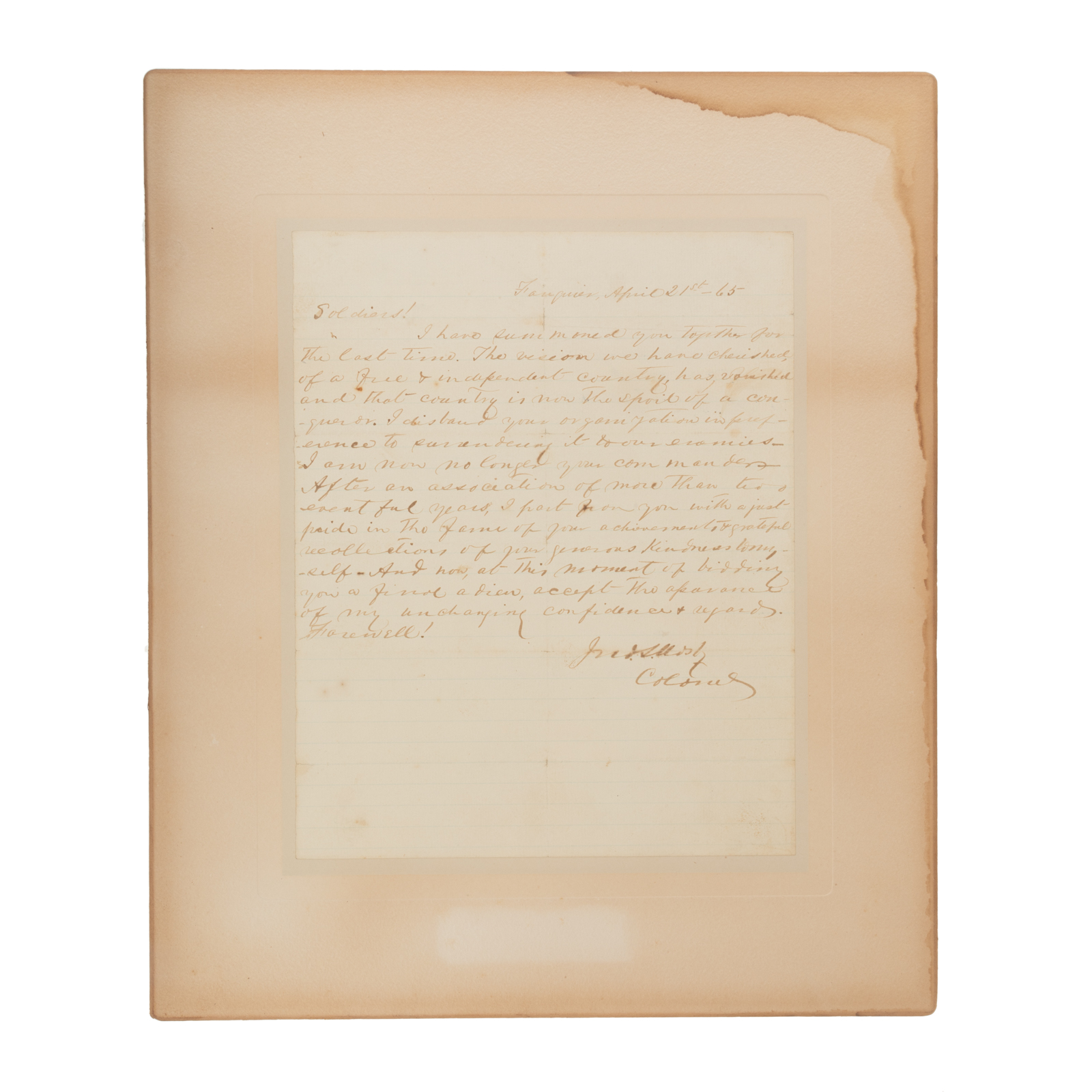 Appraisal: OUTSTANDING CONFEDERATE DOCUMENT Col John Singleton Mosby - Confederate cavalry