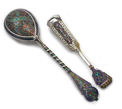 Appraisal: Russian silver and cloisonne enamel spoon tongs late th century