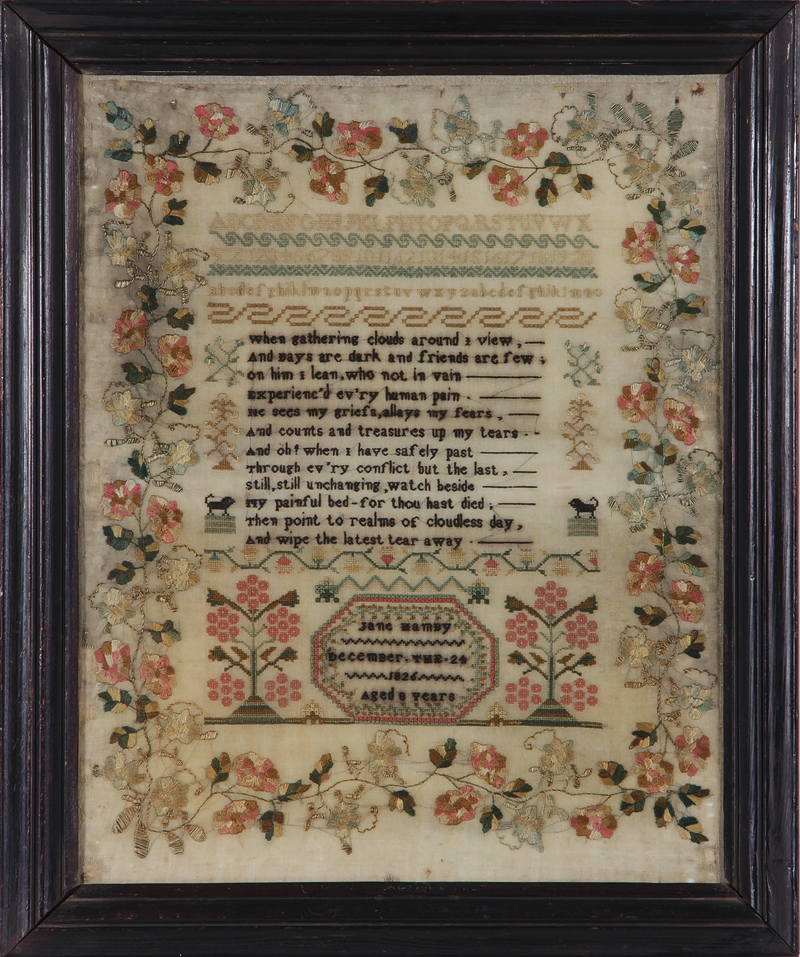 Appraisal: Fine schoolgirl needlework sampler by Jane Hamby dated December probably