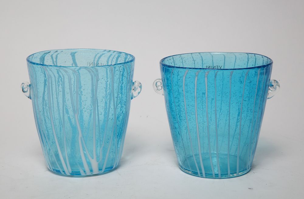 Appraisal: Venini Italian Art Glass Blue White Vases Pair Pair of