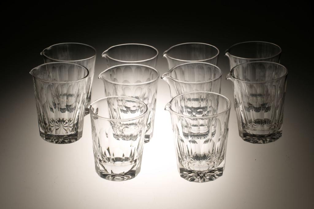 Appraisal: SET OF TEN CUT-GLASS POURING BEAKERS c each panel cut