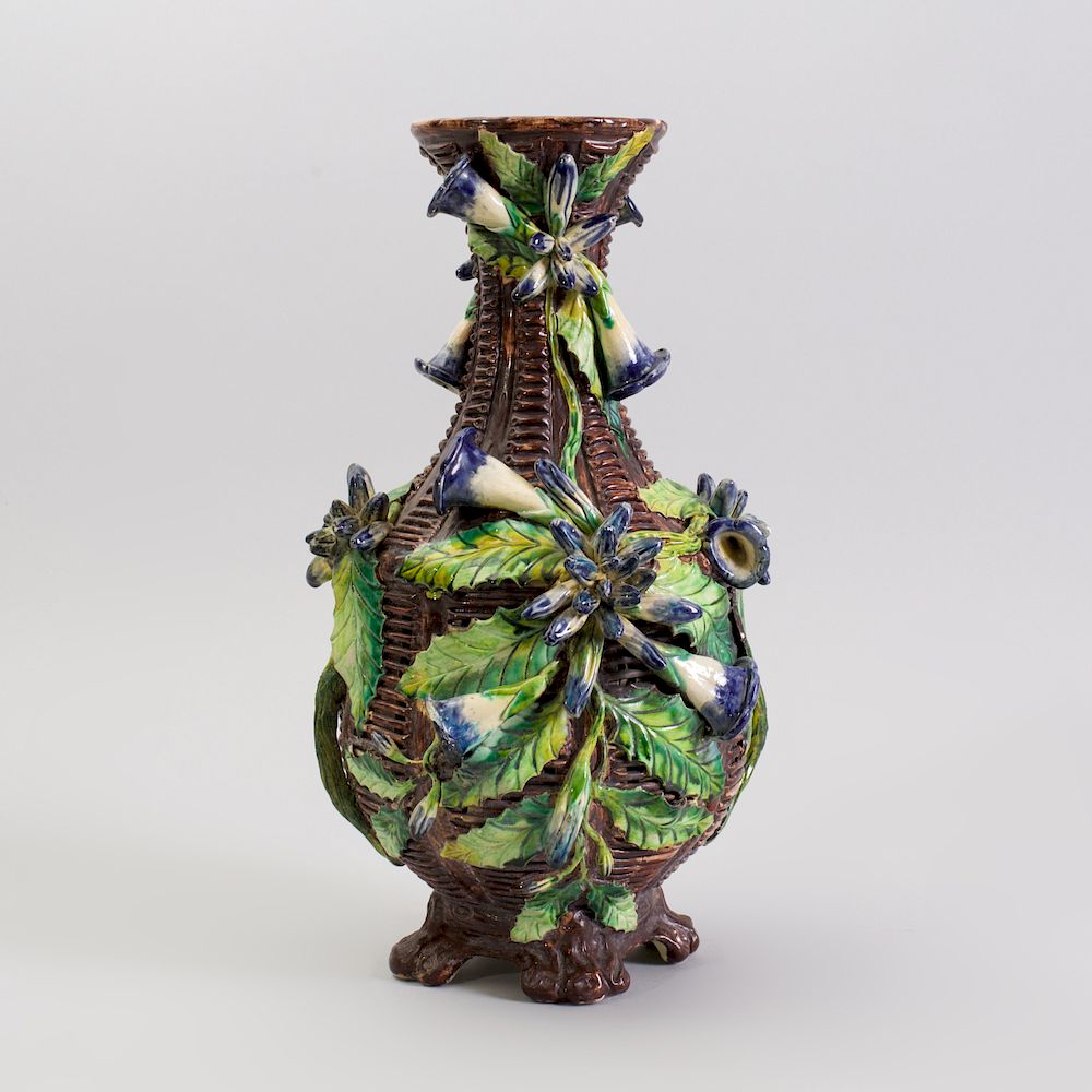 Appraisal: Hungarian Morning Glory Encrusted Majolica 'Basket Weave' Vase Impressed 'P