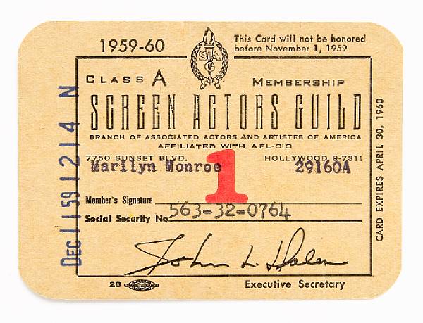 Appraisal: A Marilyn Monroe Screen Actors Guild membership card - Issued