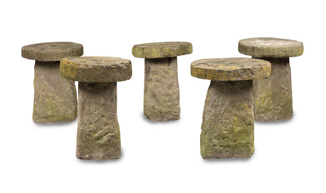 Appraisal: Five similarly sized th century staddle stones The disc-shaped tops