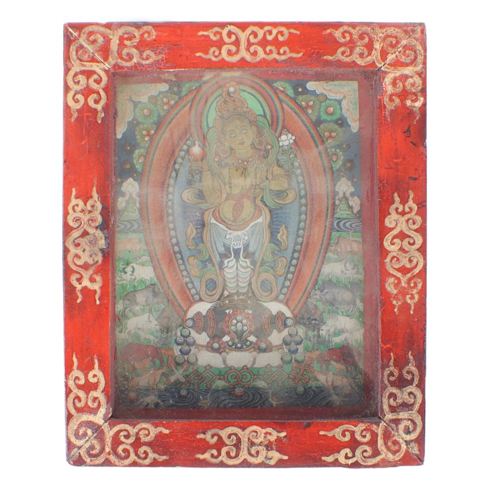 Appraisal: MONGOLIAN PAINTED WOODEN BOX WITH A MINIATURE BUDDHA THANGKA PAINTING