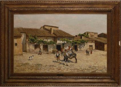 Appraisal: EUROPEAN SCHOOL STREET SCENE WITH DONKEY AND PEASANTS Oil on