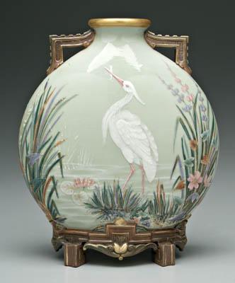 Appraisal: Rare Worcester pate-sur-pate flask pilgrim flask with snowy egret in