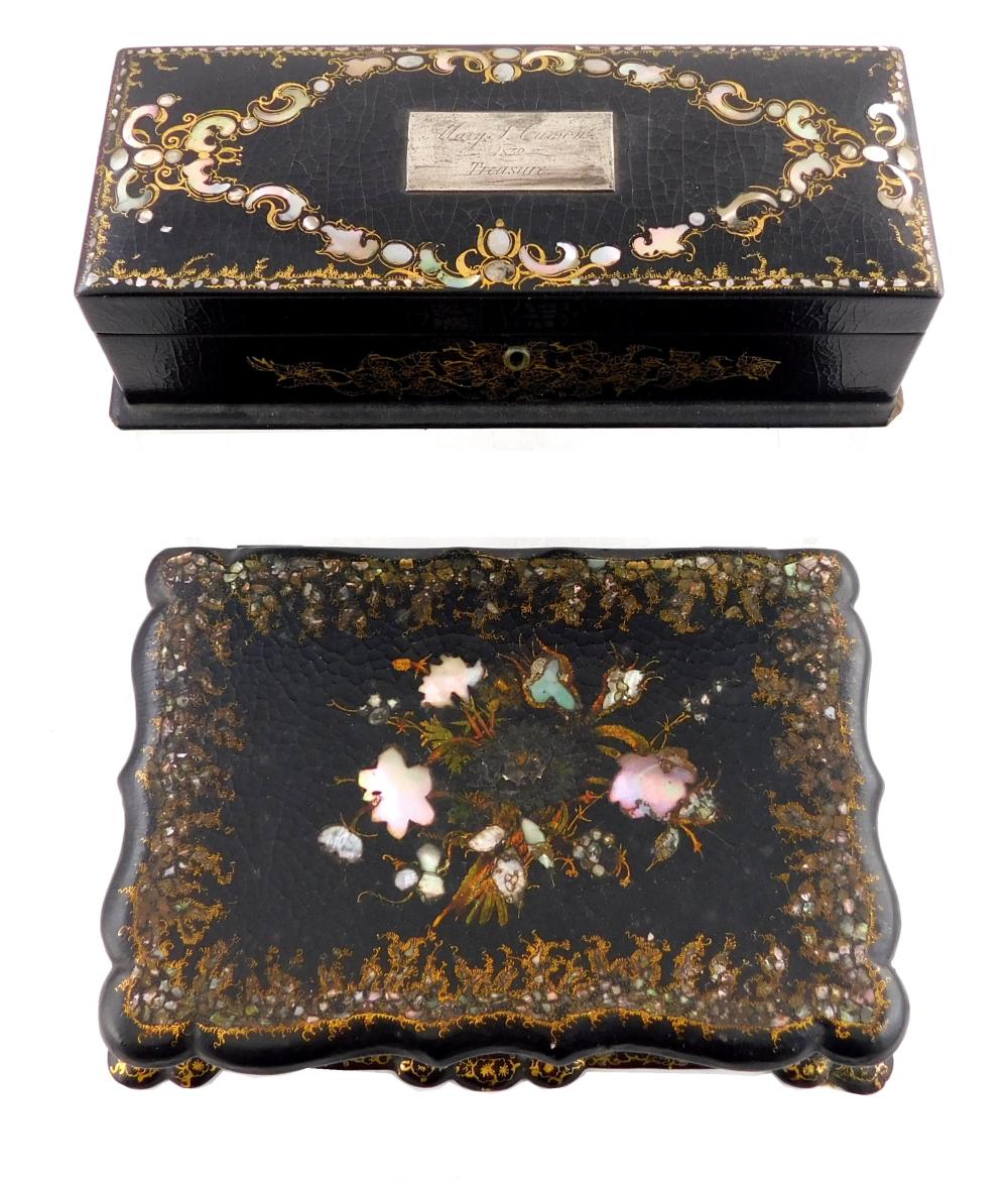 Appraisal: Two Victorian lacquered boxes with mother of pearl inlay larger