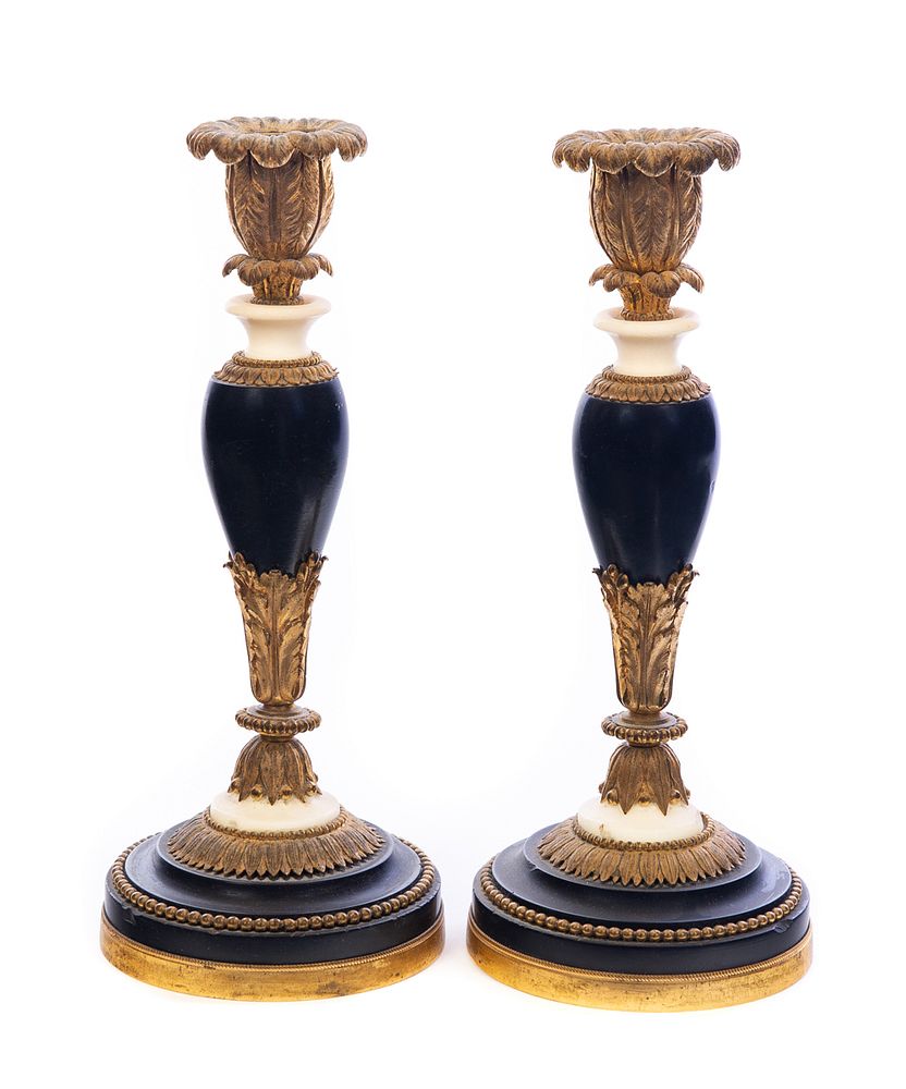 Appraisal: Pair Gilt Bronze and Marble Candlesticks Pair Gilt Bronze and