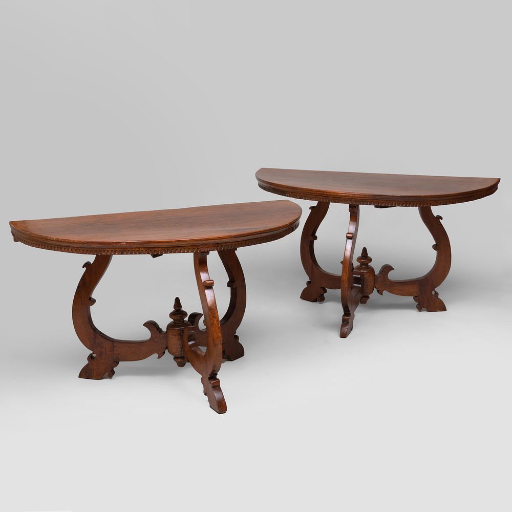 Appraisal: Pair of Italian Baroque Style Walnut D-Shaped Consoles Adapted legs