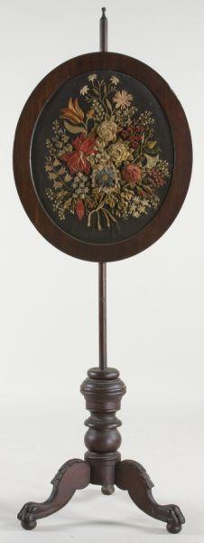 Appraisal: English Fire Screen with Needlework th century needlework and stumpwork