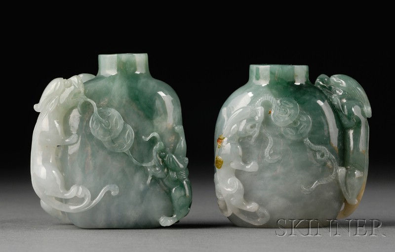 Appraisal: Two Jade Snuff Bottles both of highly translucent green stone