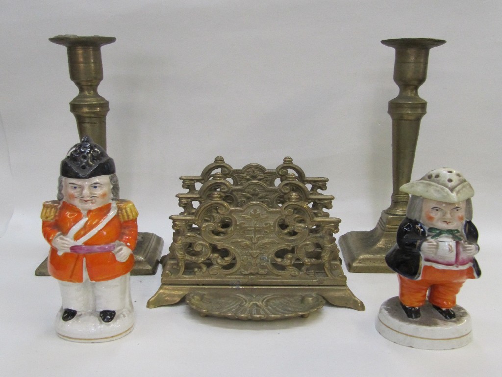 Appraisal: Two Staffordshire pepperettes cast brass letter rack and a pair