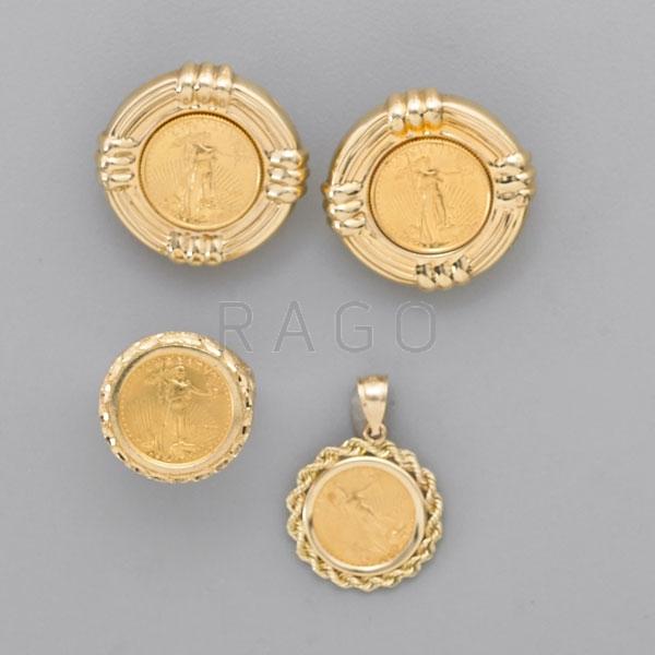 Appraisal: WALKING LIBERTY GOLD COINS IN K GOLD JEWELRY Condition Report