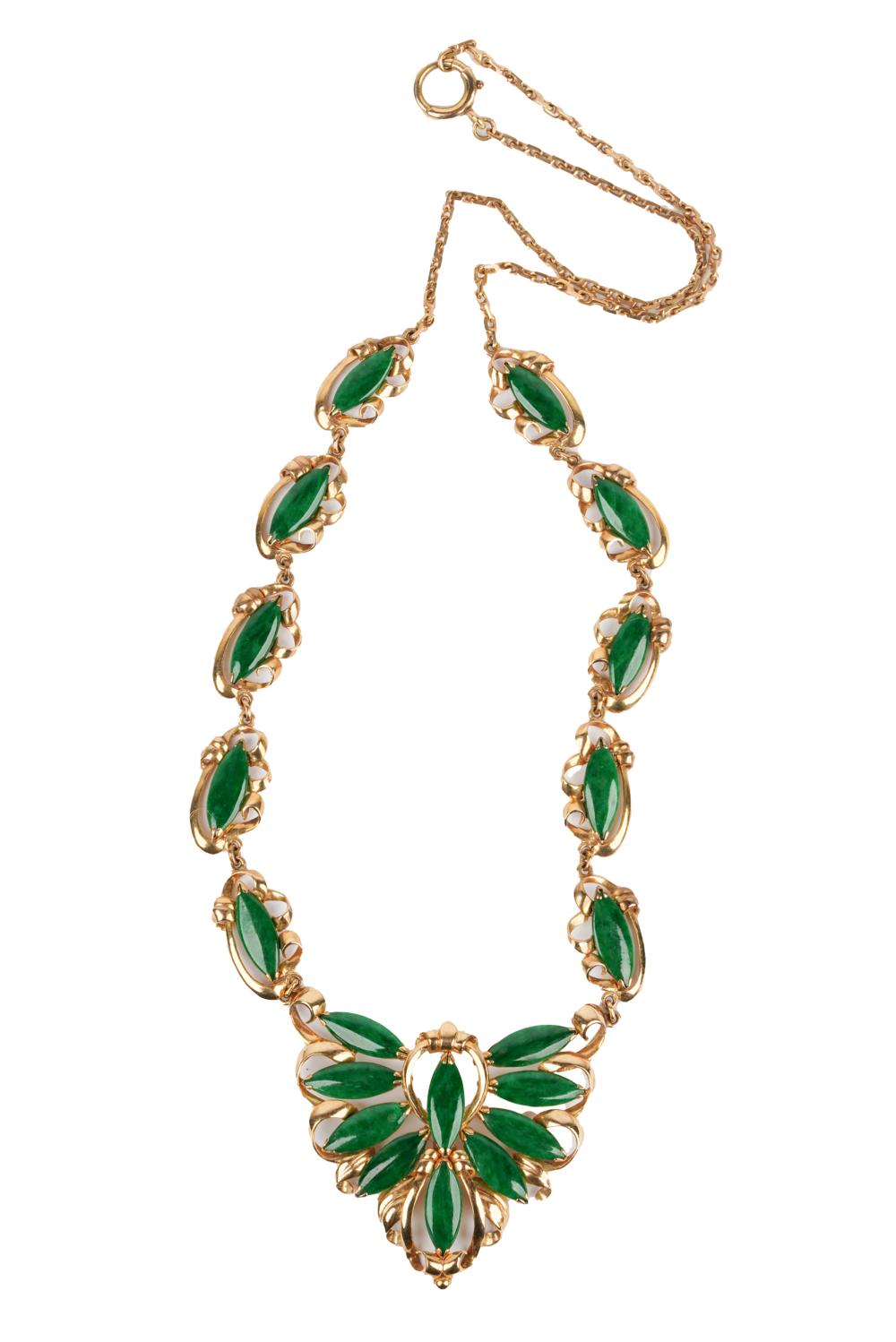 Appraisal: KARAT YELLOW GOLD JADE NECKLACEcontaining cabochon marquise cut dyed jades