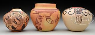 Appraisal: THREE NATIVE AMERICAN DECORATED POTTERY PIECES Lot includes Melda Nampeyo