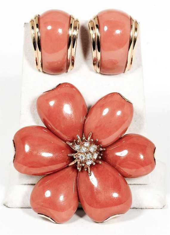 Appraisal: CORAL AND BRILLIANT-CUT DIAMOND BROOCH PENDANT WITH CLIP EARRINGS Yellow