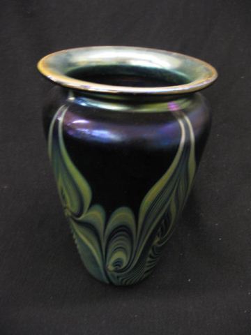 Appraisal: Studio Art Glass Vase pulled feather on rich blue iridescents