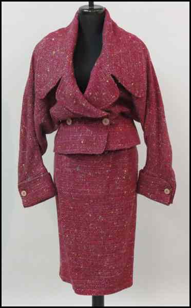 Appraisal: KARL LAGERFELD MAROON WOOL ENSEMBLE Comprising a jacket with wide