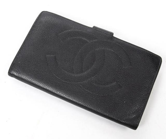 Appraisal: Chanel long CC front logo wallet in black caviar leather