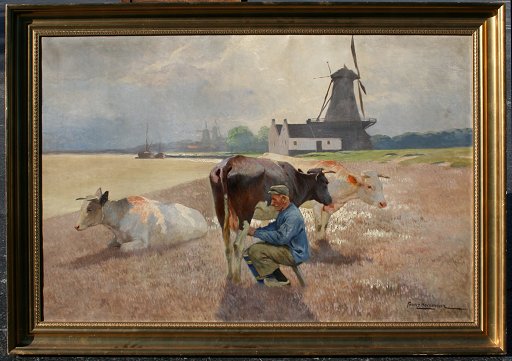 Appraisal: HOCHMANN Franz German - Dutch landscape with man milking cow