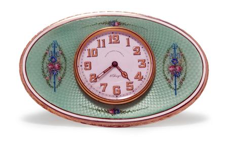 Appraisal: Silver Gilt Guilloche Enameled Travel Clock Estimate -