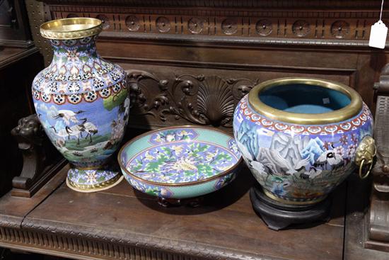 Appraisal: THREE PIECES OF CLOISONNE Vase ''h and jardini re with