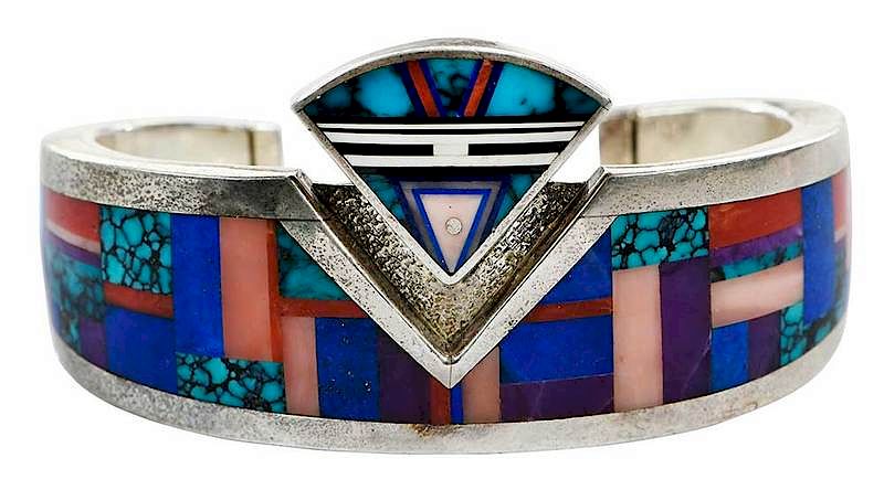 Appraisal: Ray Tracey Silver Gemstone Cuff Bracelet inlaid stones including turquoise