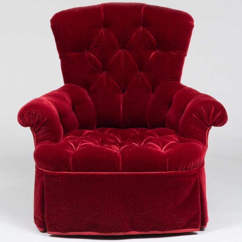 Appraisal: Victorian Style Red Velvet Tufted Upholstered Arm Chair Together with