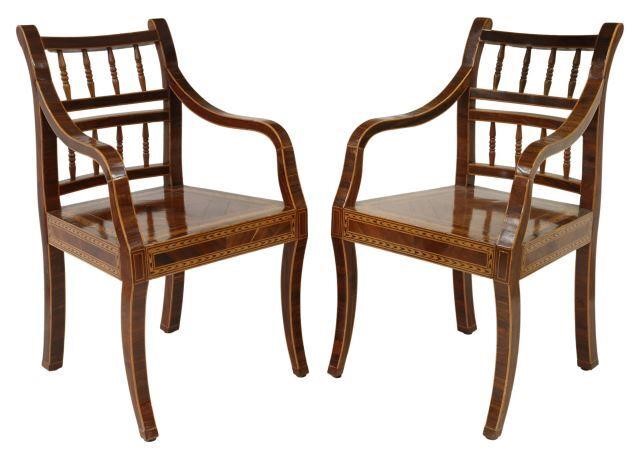 Appraisal: pair Mahogany spindle-back low armchairs th c having contrasting parquetry