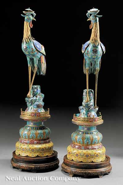 Appraisal: A Pair of Large Polychrome Cloisonn Peacocks each grandly posed