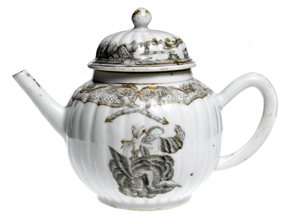 Appraisal: A GRISAILLE AND GILT MYTHOLOGICAL TEAPOT AND COVER of reeded