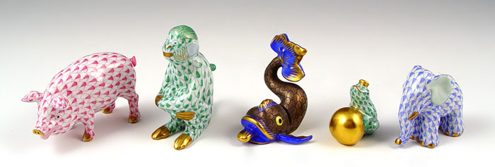 Appraisal: PIECE HEREND PORCELAIN FISHNET MINIATURE FIGURES To include Blue elephant