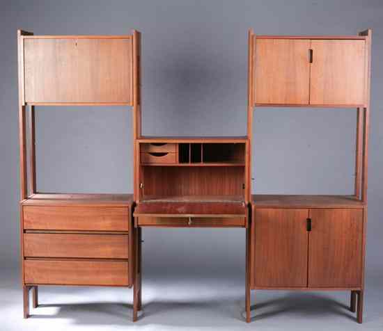 Appraisal: MODERN TEAKWOOD BOOKCASE Fall-front desk portion centered by two supported