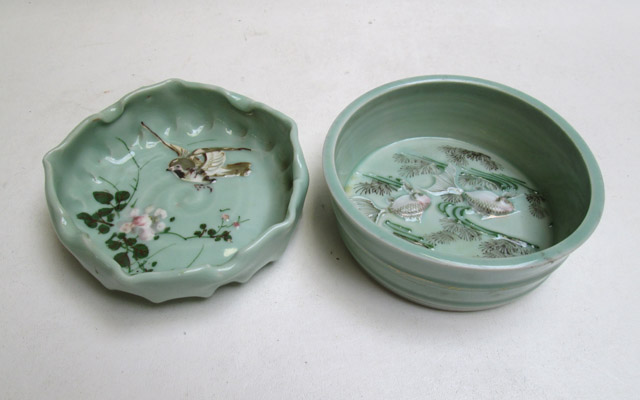 Appraisal: ORIENTAL CELADON GLAZED BOWL AND ASHTRAY the bowl featuring swimming