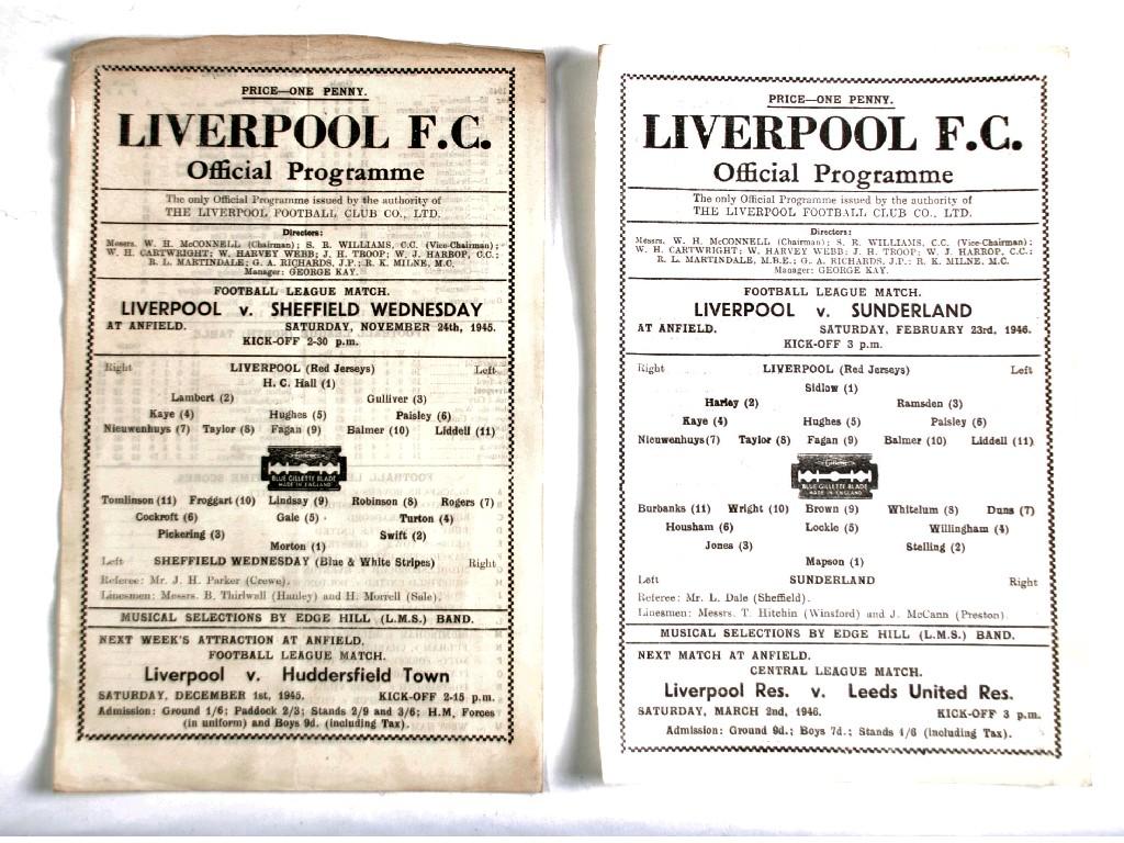 Appraisal: TWO LIVERPOOL SINGLE SHEET PROGRAMMES V SUNDERLAND AND SHEFFIELD WEDNESDAY