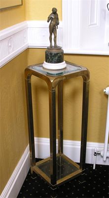 Appraisal: A pair of brass and glass stands of square section