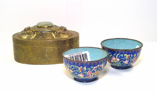 Appraisal: Three metal decorations Including a pair of Canton enameled blue