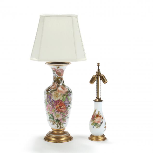 Appraisal: TWO PAINTED BRISTOL GLASS TABLE LAMPS Late th century glass